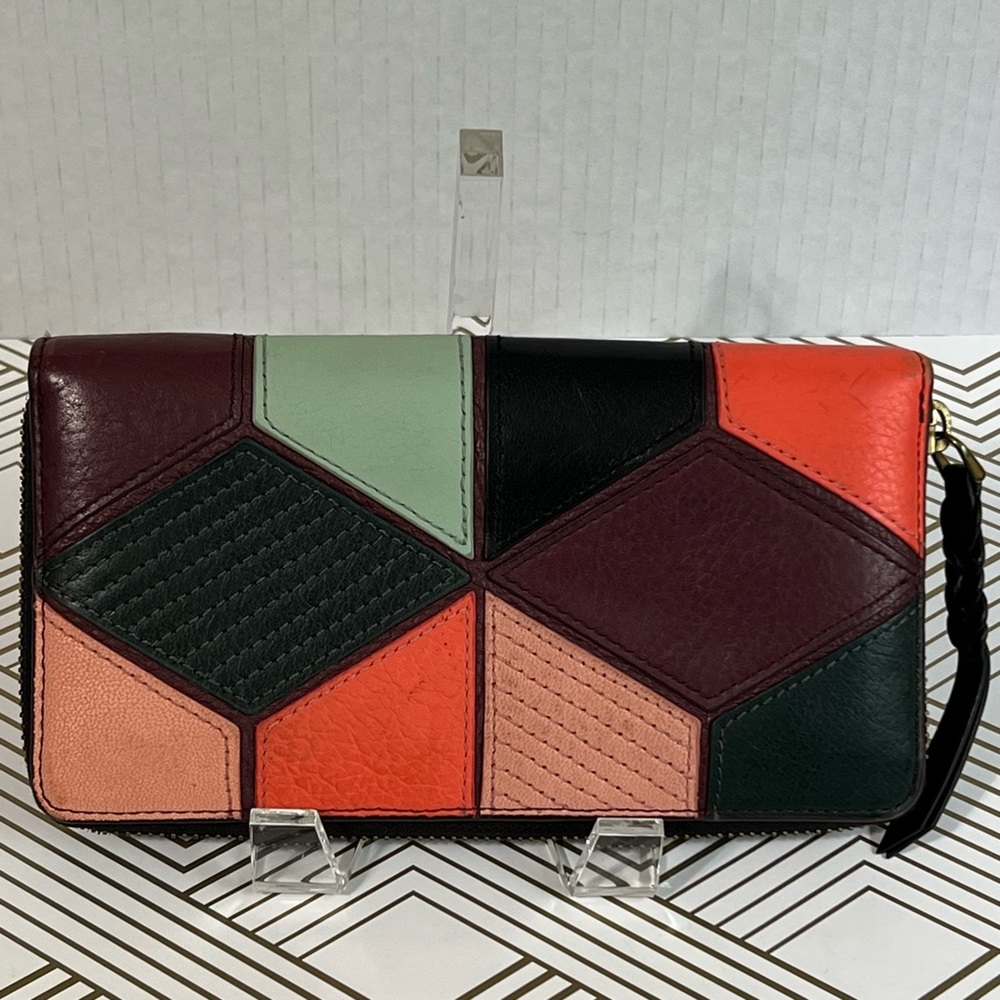 VINTAGE Fossil Zip Around Wallet Clutch Leather Multi Patchwork Geometric